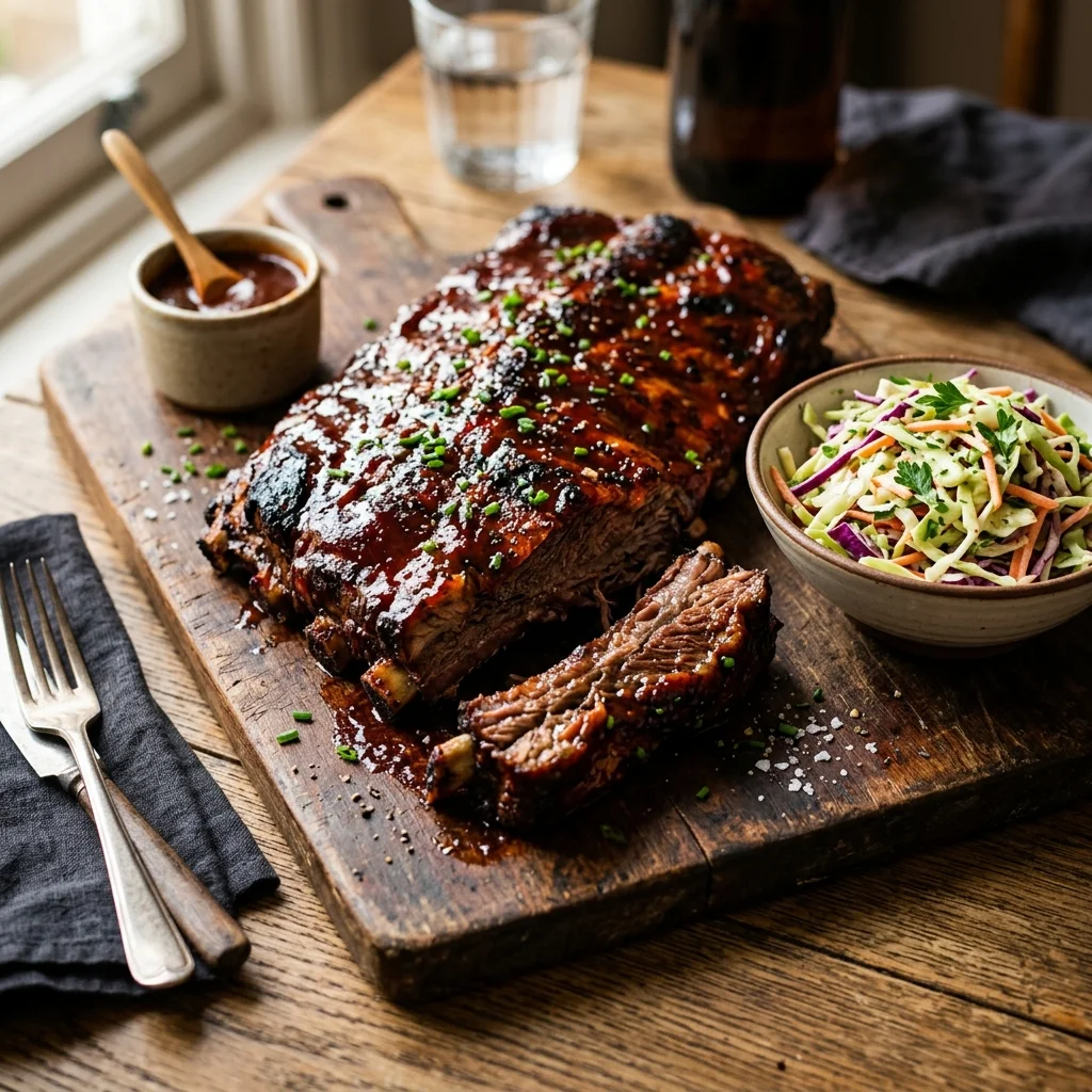 beef back ribs recipe with glossy BBQ glaze on cutting board