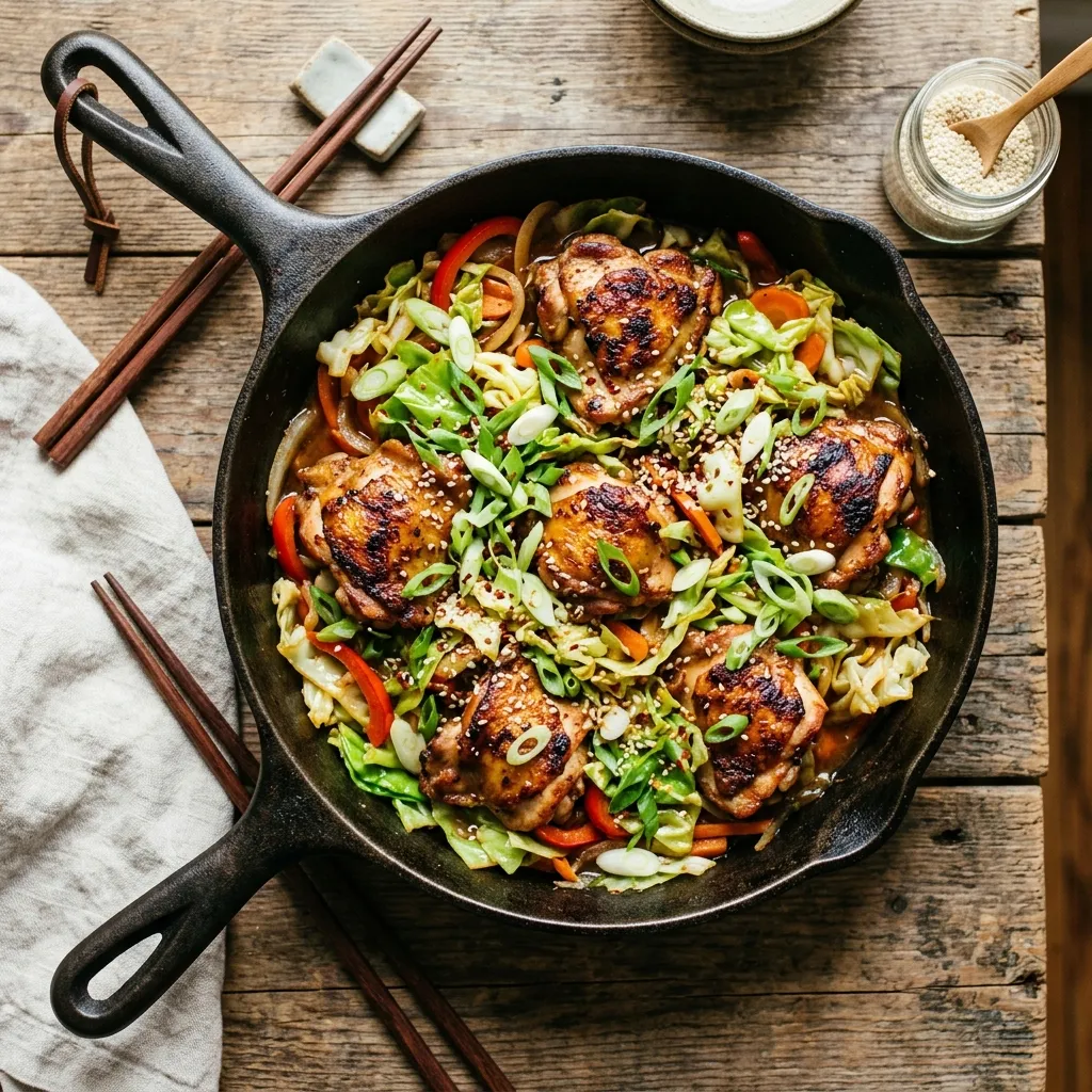 Crisp-tender green cabbage and seared chicken thighs in a black cast iron skillet