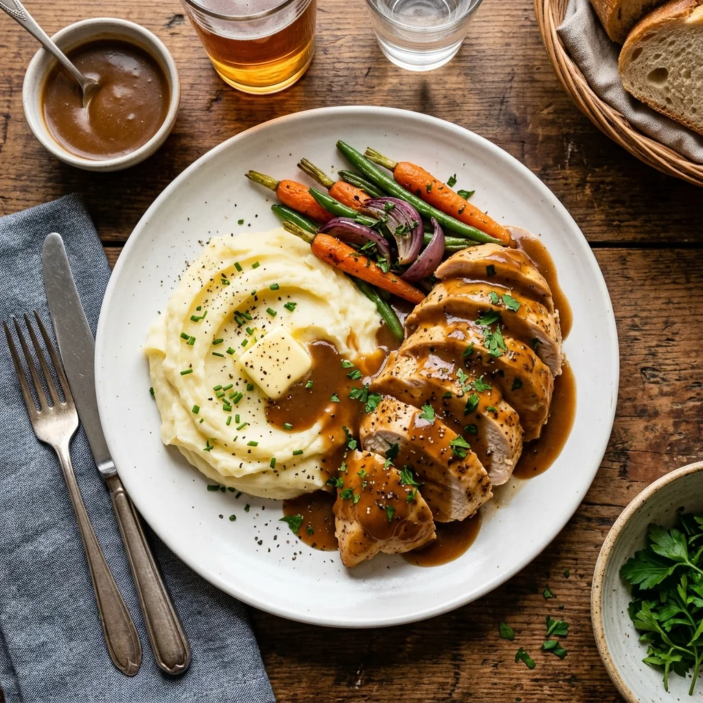 chicken and gravy recipe served over mashed potatoes