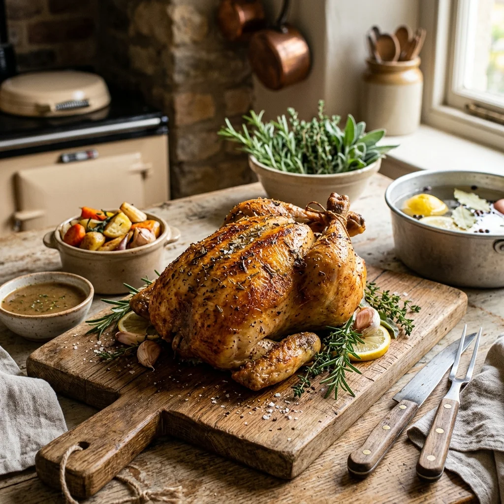 chicken brine recipe with herbs and spices in a large bowl