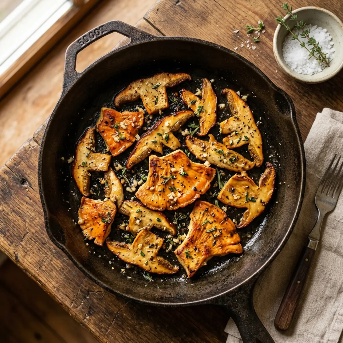 Pan-seared chicken of the woods mushroom slices in a cast iron skillet