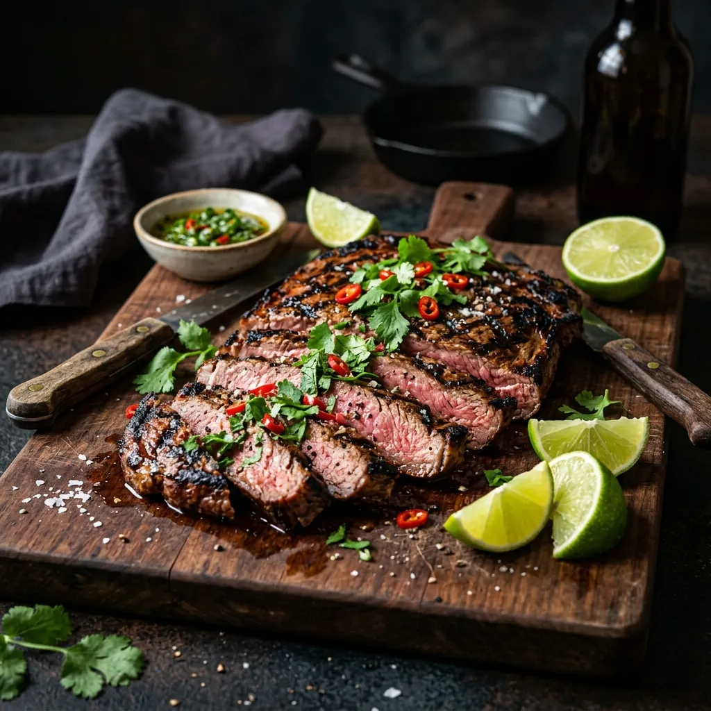 Sliced chipotle marinated steak cooked to medium-rare on a cutting board