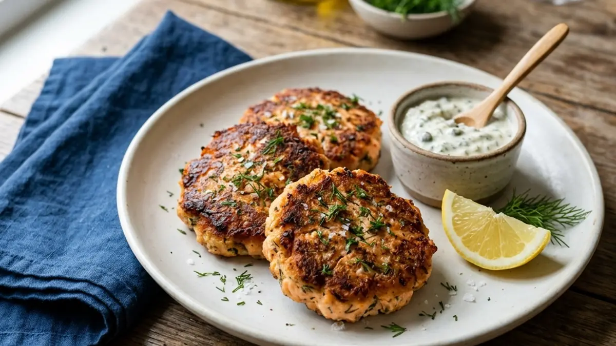 crispy old fashioned salmon patties pan-fried golden brown served with lemon