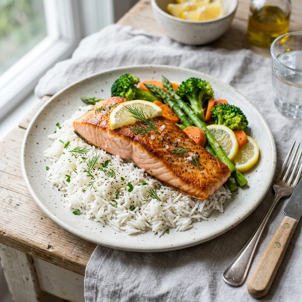 salmon and rice recipe bowl with soy ginger drizzle