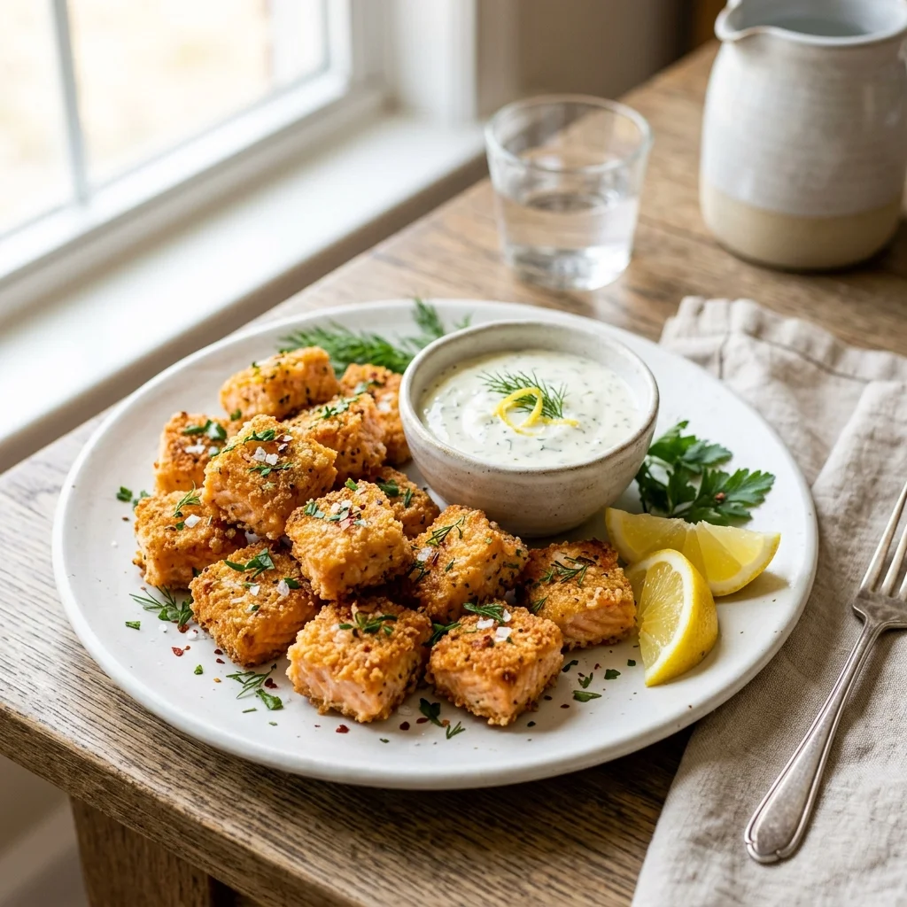salmon bites recipe with dipping sauce and lemon wedges