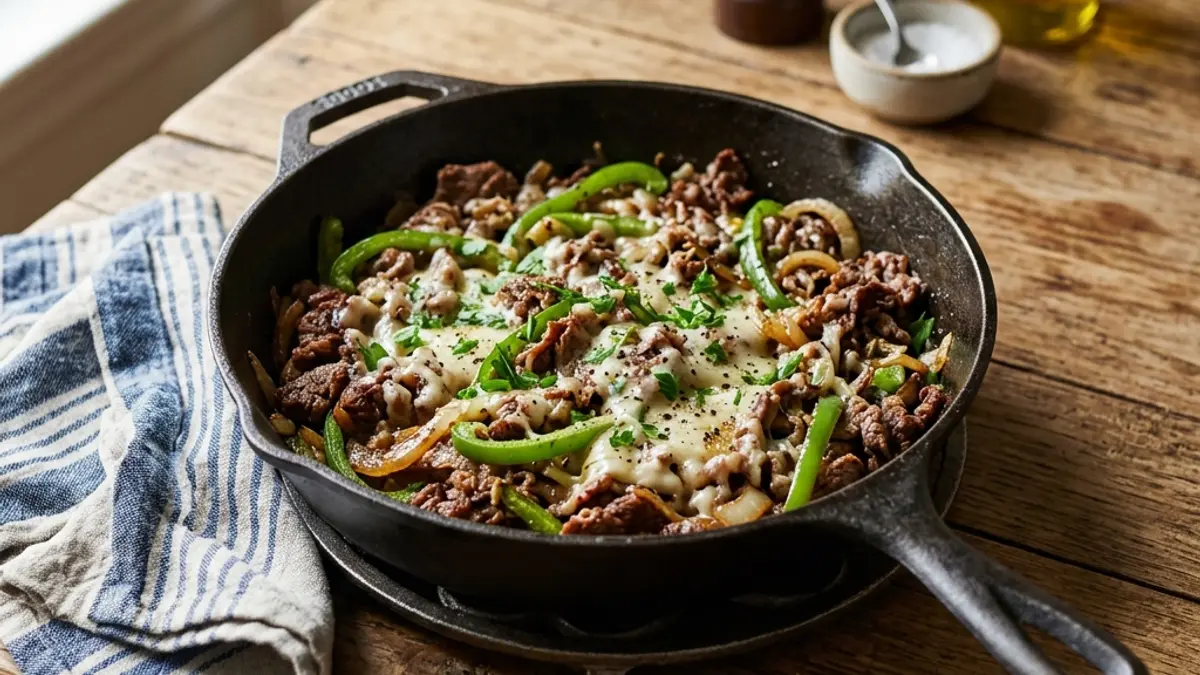 quick skillet shaved beef cheesesteak sandwich with caramelized onions and peppers