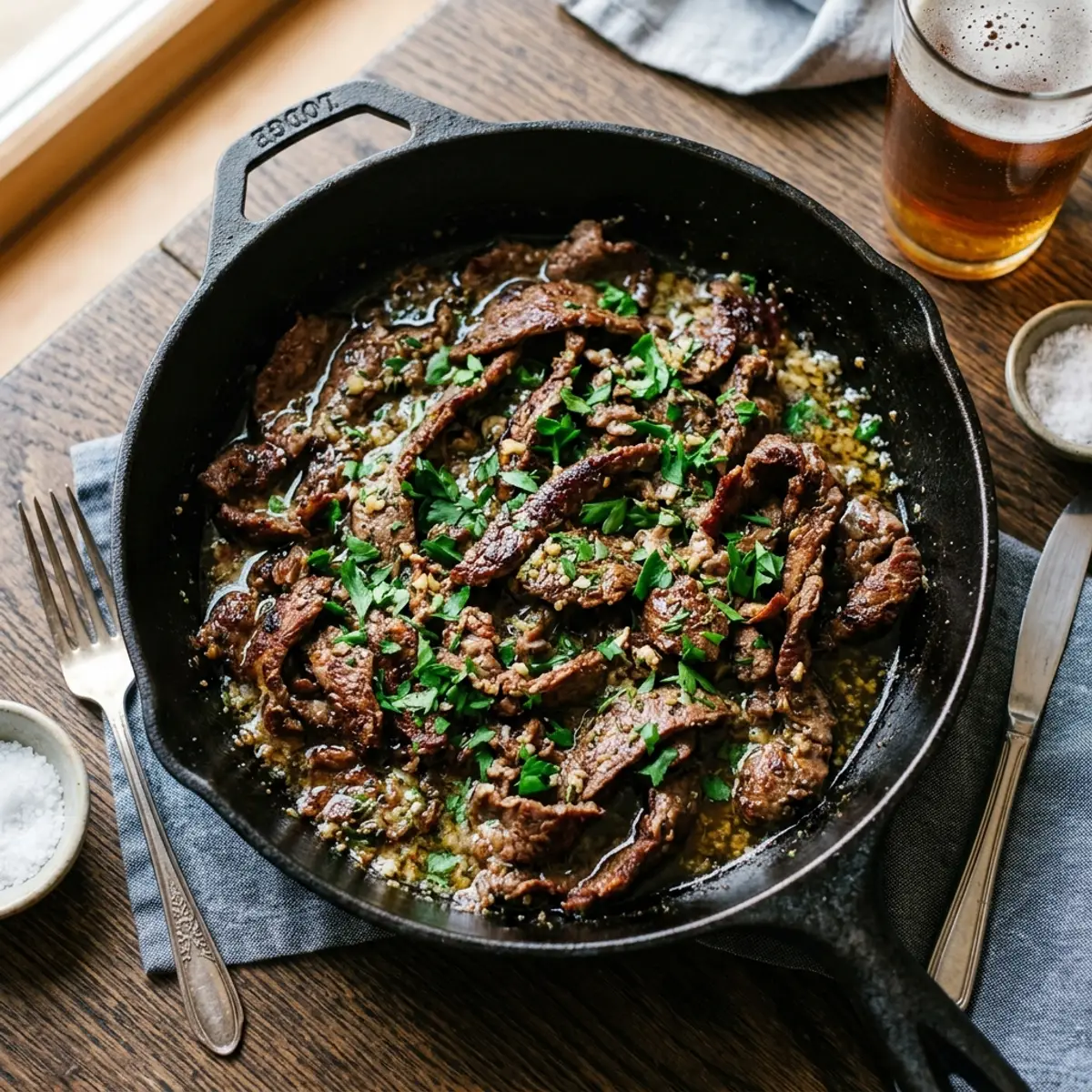 Garlic butter shaved beef steak cooked with caramelized edges in a cast iron skillet