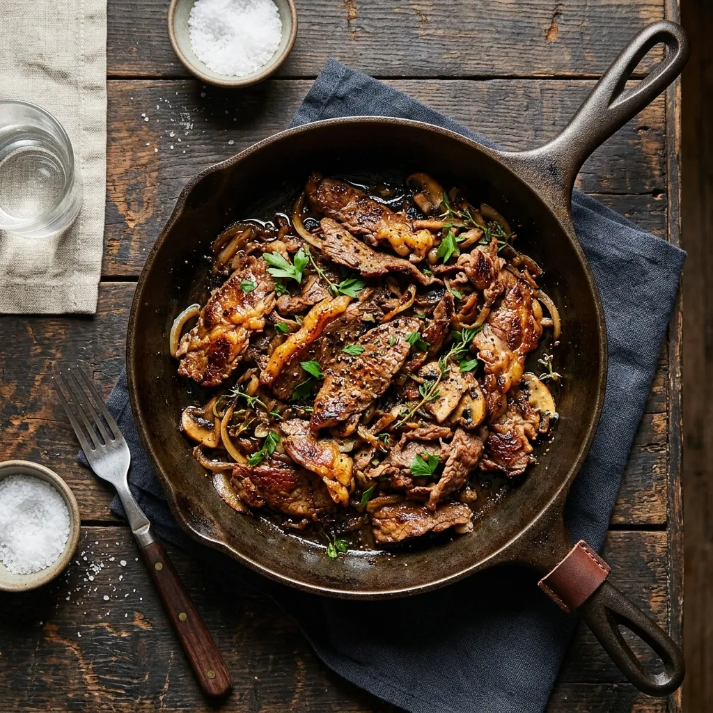 Shaved steak cooked with golden brown edges in a cast iron skillet