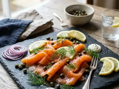 smoked salmon recipe with lemon capers and dill on slate board