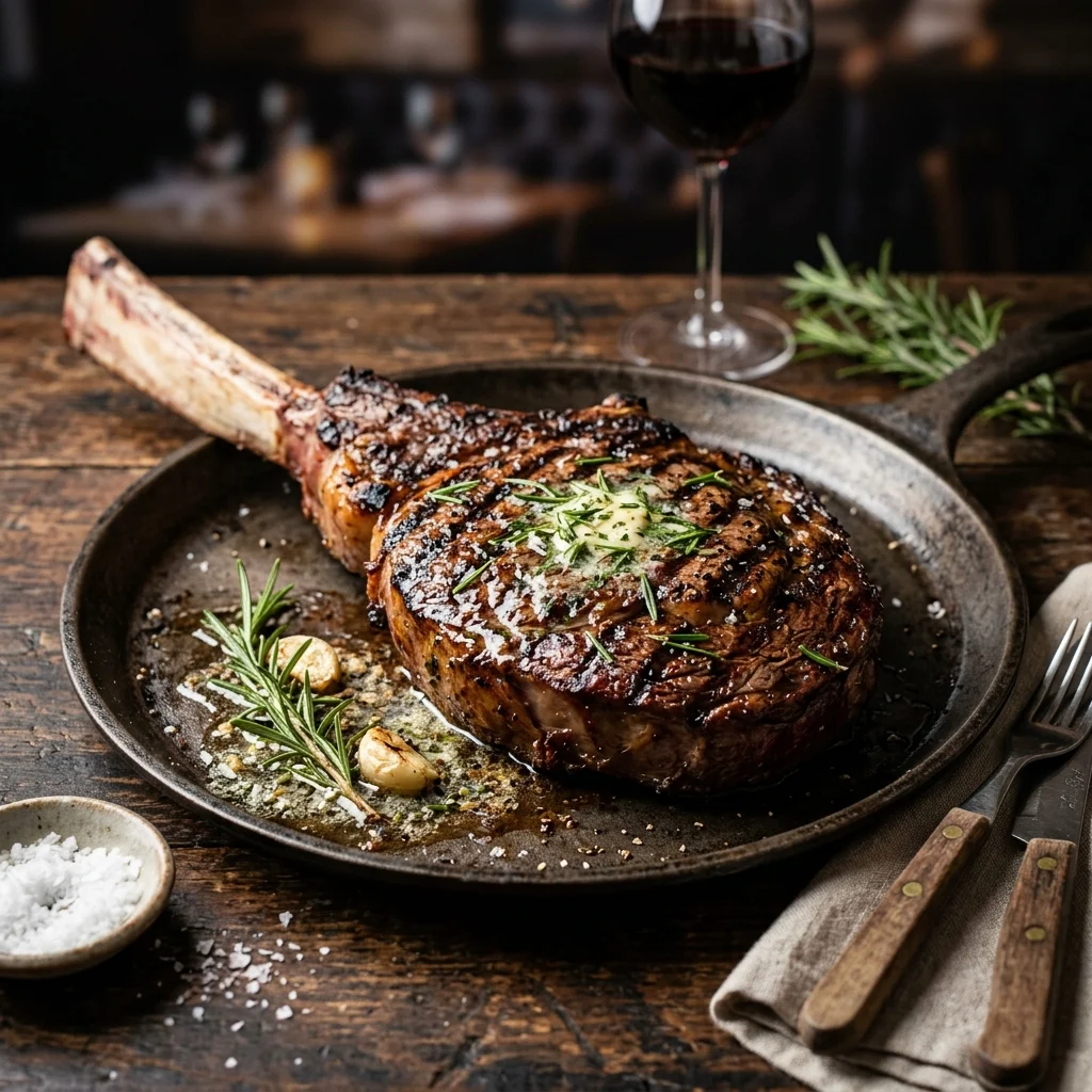tomahawk steak recipe with garlic butter and rosemary on cast iron